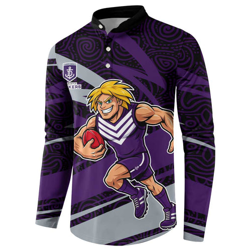 Fremantle Dockers Australian Football Button Sweatshirt Athletic Hero Mascot With Indigenous Pattern Art