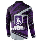 Fremantle Dockers Australian Football Button Sweatshirt Athletic Hero Mascot With Indigenous Pattern Art