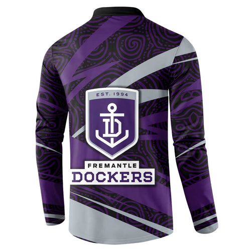 Fremantle Dockers Australian Football Button Sweatshirt Athletic Hero Mascot With Indigenous Pattern Art