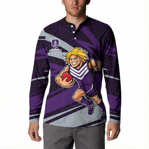 Fremantle Dockers Australian Football Button Sweatshirt Athletic Hero Mascot With Indigenous Pattern Art