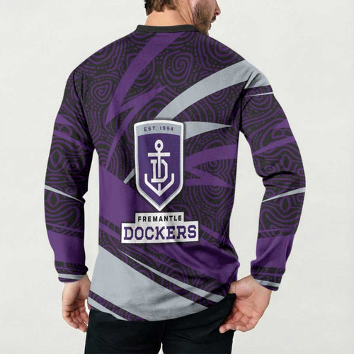 Fremantle Dockers Australian Football Button Sweatshirt Athletic Hero Mascot With Indigenous Pattern Art