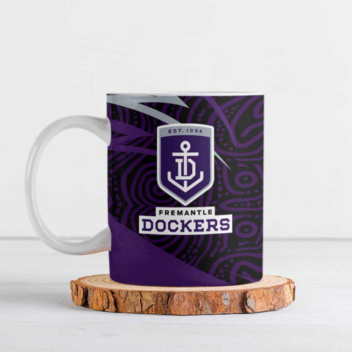 Fremantle Dockers Australian Football Ceramic Mug Athletic Hero Mascot With Indigenous Pattern Art