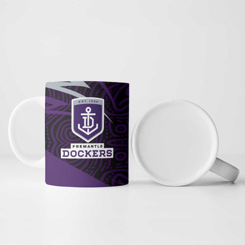 Fremantle Dockers Australian Football Ceramic Mug Athletic Hero Mascot With Indigenous Pattern Art
