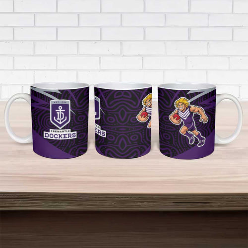 Fremantle Dockers Australian Football Ceramic Mug Athletic Hero Mascot With Indigenous Pattern Art