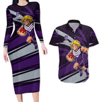 Fremantle Dockers Australian Football Couples Matching Long Sleeve Bodycon Dress and Hawaiian Shirt Athletic Hero Mascot With Indigenous Pattern Art