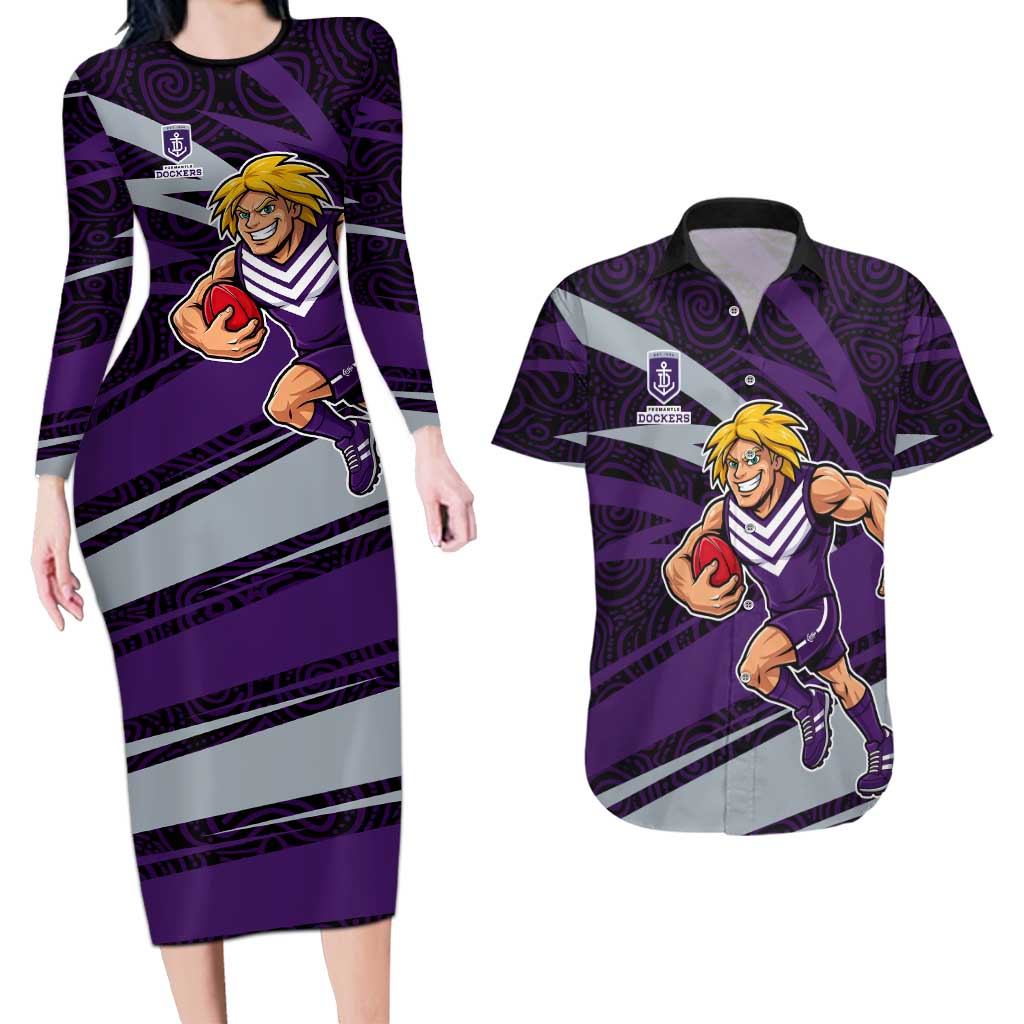 Fremantle Dockers Australian Football Couples Matching Long Sleeve Bodycon Dress and Hawaiian Shirt Athletic Hero Mascot With Indigenous Pattern Art