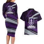 Fremantle Dockers Australian Football Couples Matching Long Sleeve Bodycon Dress and Hawaiian Shirt Athletic Hero Mascot With Indigenous Pattern Art