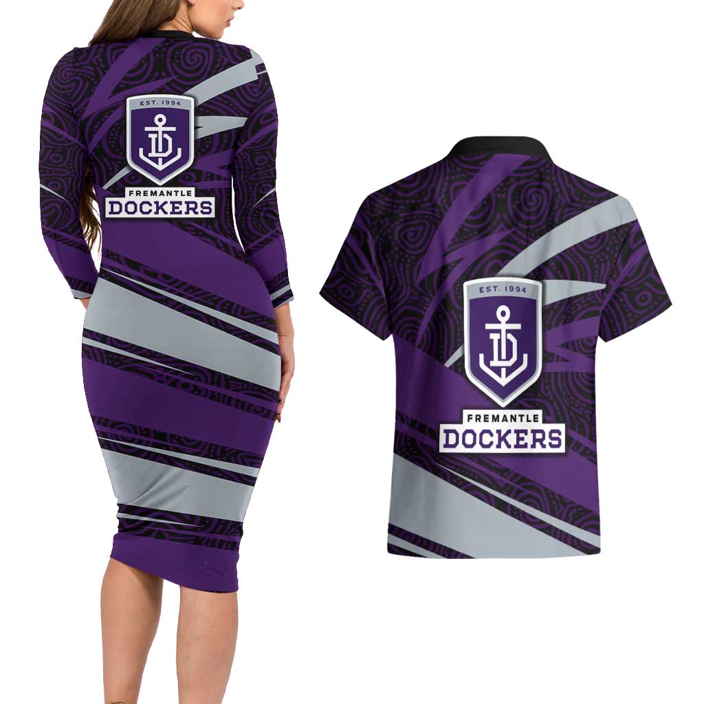 Fremantle Dockers Australian Football Couples Matching Long Sleeve Bodycon Dress and Hawaiian Shirt Athletic Hero Mascot With Indigenous Pattern Art