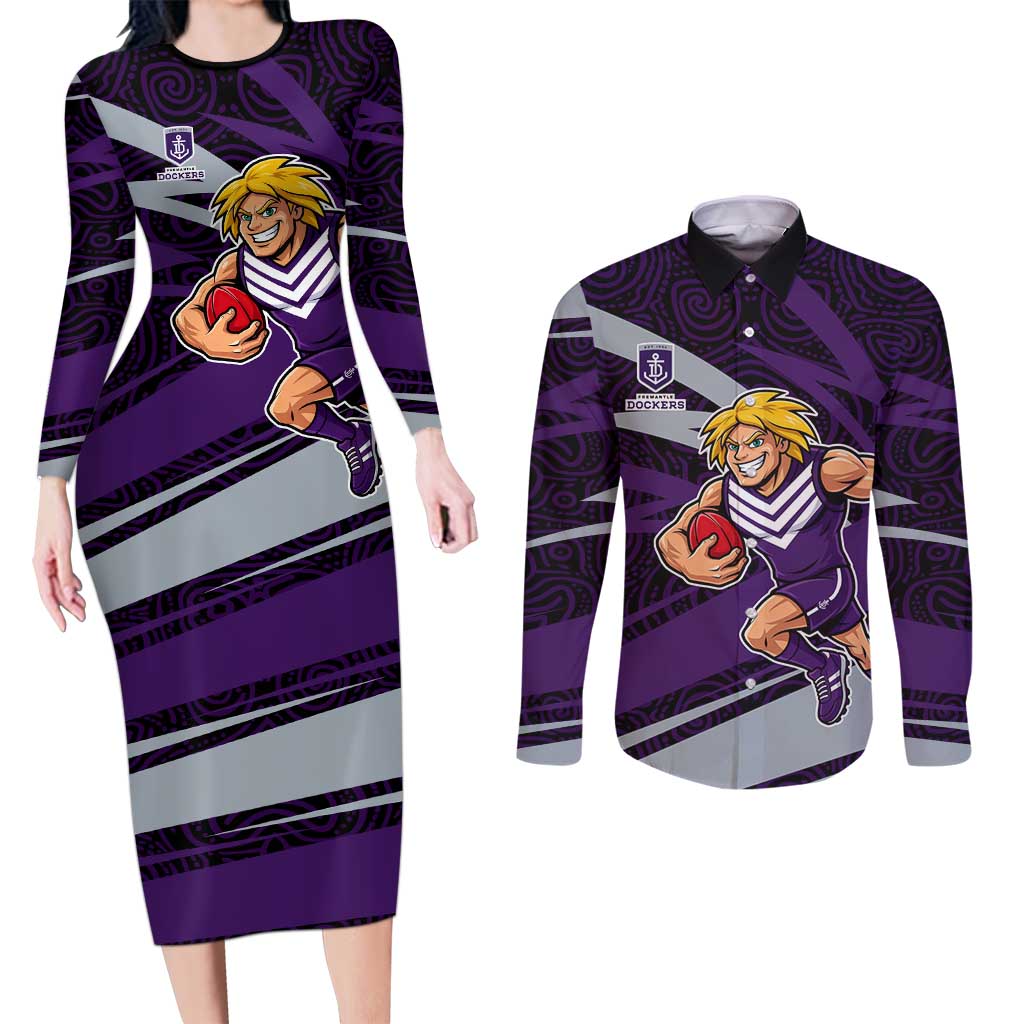 Fremantle Dockers Australian Football Couples Matching Long Sleeve Bodycon Dress and Long Sleeve Button Shirt Athletic Hero Mascot With Indigenous Pattern Art