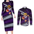 Fremantle Dockers Australian Football Couples Matching Long Sleeve Bodycon Dress and Long Sleeve Button Shirt Athletic Hero Mascot With Indigenous Pattern Art