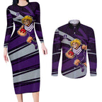 Fremantle Dockers Australian Football Couples Matching Long Sleeve Bodycon Dress and Long Sleeve Button Shirt Athletic Hero Mascot With Indigenous Pattern Art