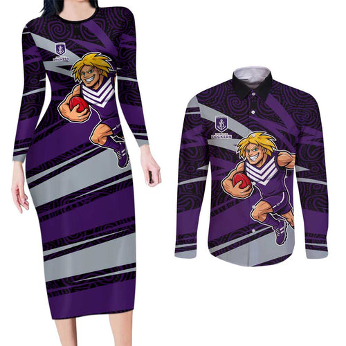Fremantle Dockers Australian Football Couples Matching Long Sleeve Bodycon Dress and Long Sleeve Button Shirt Athletic Hero Mascot With Indigenous Pattern Art