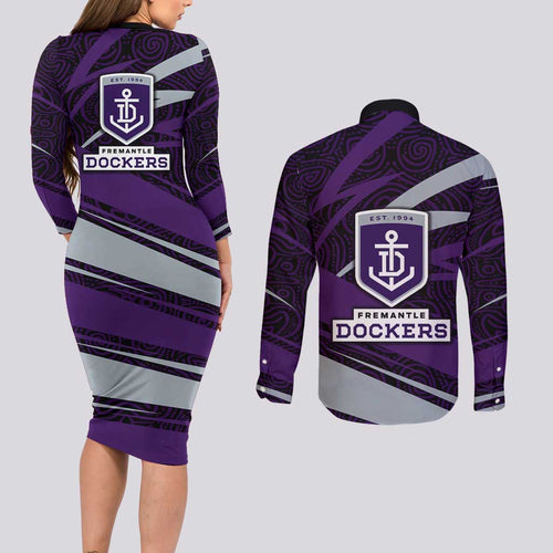 Fremantle Dockers Australian Football Couples Matching Long Sleeve Bodycon Dress and Long Sleeve Button Shirt Athletic Hero Mascot With Indigenous Pattern Art