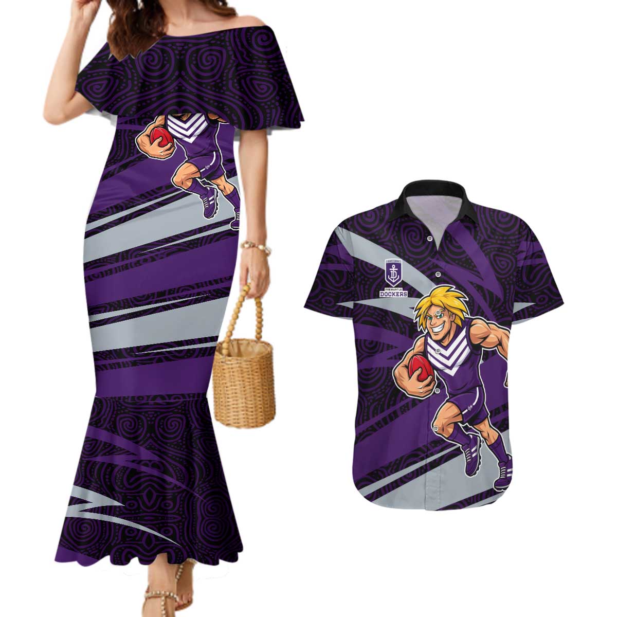 Fremantle Dockers Australian Football Couples Matching Mermaid Dress and Hawaiian Shirt Athletic Hero Mascot With Indigenous Pattern Art