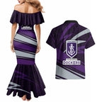 Fremantle Dockers Australian Football Couples Matching Mermaid Dress and Hawaiian Shirt Athletic Hero Mascot With Indigenous Pattern Art