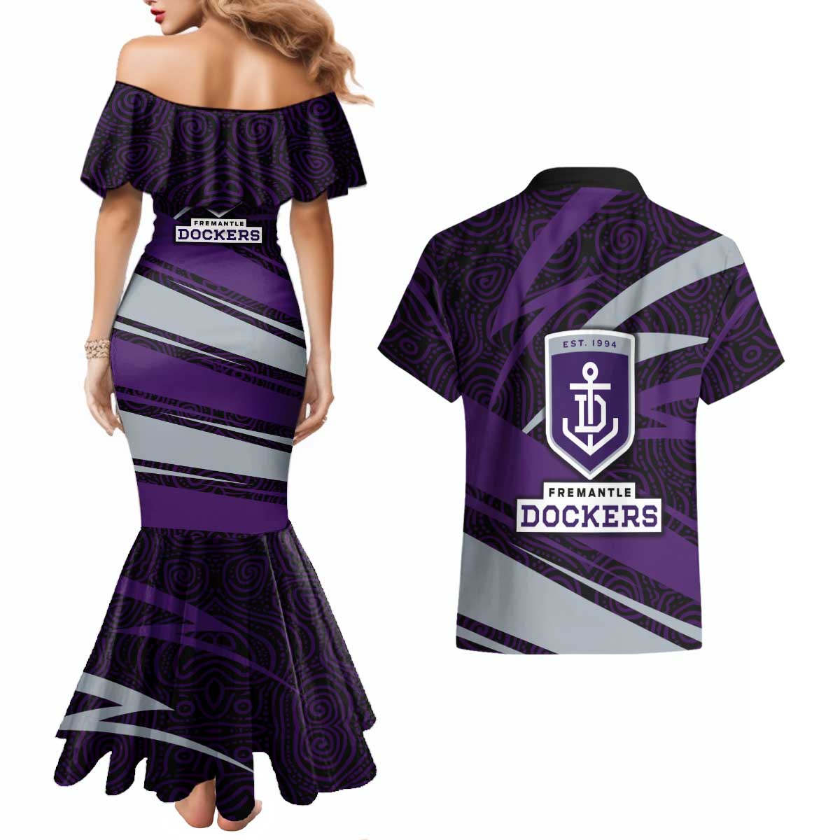 Fremantle Dockers Australian Football Couples Matching Mermaid Dress and Hawaiian Shirt Athletic Hero Mascot With Indigenous Pattern Art