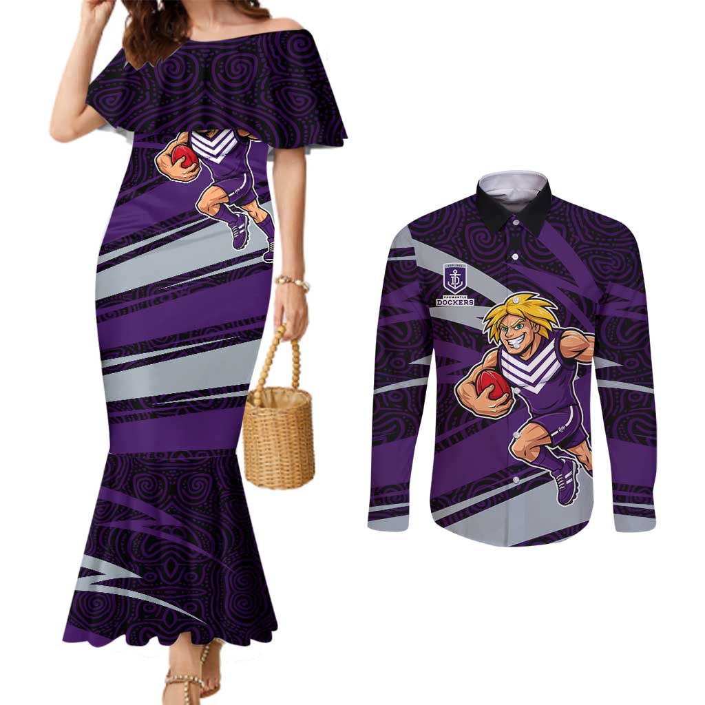Fremantle Dockers Australian Football Couples Matching Mermaid Dress and Long Sleeve Button Shirt Athletic Hero Mascot With Indigenous Pattern Art
