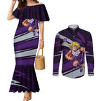 Fremantle Dockers Australian Football Couples Matching Mermaid Dress and Long Sleeve Button Shirt Athletic Hero Mascot With Indigenous Pattern Art
