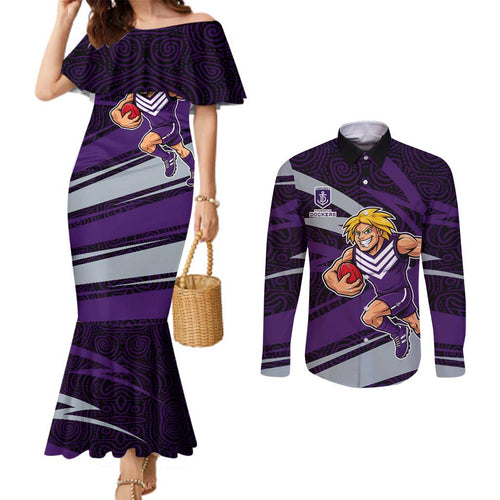 Fremantle Dockers Australian Football Couples Matching Mermaid Dress and Long Sleeve Button Shirt Athletic Hero Mascot With Indigenous Pattern Art