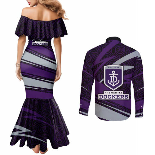 Fremantle Dockers Australian Football Couples Matching Mermaid Dress and Long Sleeve Button Shirt Athletic Hero Mascot With Indigenous Pattern Art