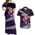 Fremantle Dockers Australian Football Couples Matching Off Shoulder Maxi Dress and Hawaiian Shirt Athletic Hero Mascot With Indigenous Pattern Art