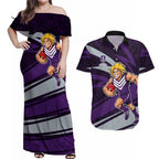 Fremantle Dockers Australian Football Couples Matching Off Shoulder Maxi Dress and Hawaiian Shirt Athletic Hero Mascot With Indigenous Pattern Art
