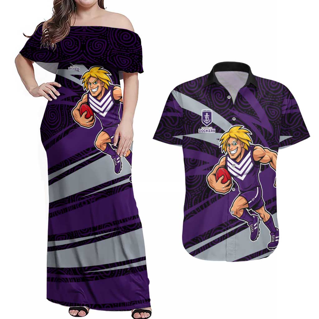 Fremantle Dockers Australian Football Couples Matching Off Shoulder Maxi Dress and Hawaiian Shirt Athletic Hero Mascot With Indigenous Pattern Art