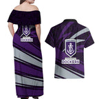 Fremantle Dockers Australian Football Couples Matching Off Shoulder Maxi Dress and Hawaiian Shirt Athletic Hero Mascot With Indigenous Pattern Art