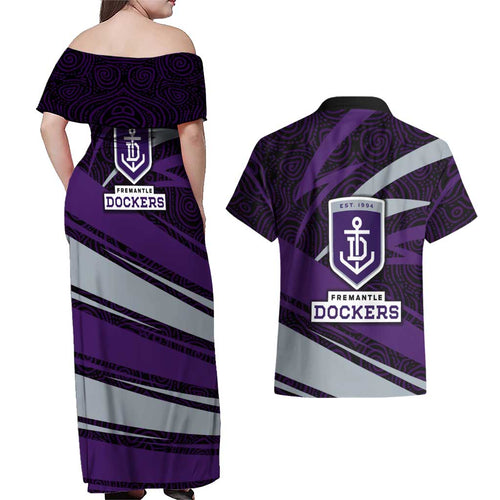 Fremantle Dockers Australian Football Couples Matching Off Shoulder Maxi Dress and Hawaiian Shirt Athletic Hero Mascot With Indigenous Pattern Art