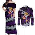 Fremantle Dockers Australian Football Couples Matching Off Shoulder Maxi Dress and Long Sleeve Button Shirt Athletic Hero Mascot With Indigenous Pattern Art