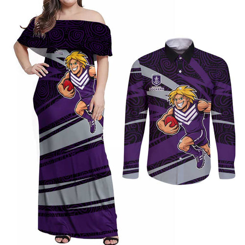 Fremantle Dockers Australian Football Couples Matching Off Shoulder Maxi Dress and Long Sleeve Button Shirt Athletic Hero Mascot With Indigenous Pattern Art