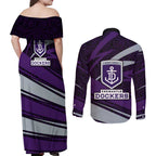 Fremantle Dockers Australian Football Couples Matching Off Shoulder Maxi Dress and Long Sleeve Button Shirt Athletic Hero Mascot With Indigenous Pattern Art
