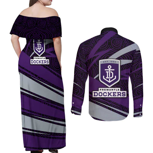 Fremantle Dockers Australian Football Couples Matching Off Shoulder Maxi Dress and Long Sleeve Button Shirt Athletic Hero Mascot With Indigenous Pattern Art