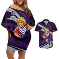 Fremantle Dockers Australian Football Couples Matching Off Shoulder Short Dress and Hawaiian Shirt Athletic Hero Mascot With Indigenous Pattern Art