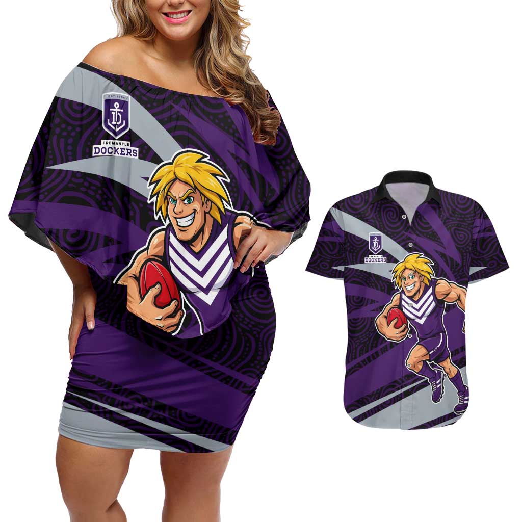 Fremantle Dockers Australian Football Couples Matching Off Shoulder Short Dress and Hawaiian Shirt Athletic Hero Mascot With Indigenous Pattern Art