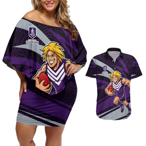 Fremantle Dockers Australian Football Couples Matching Off Shoulder Short Dress and Hawaiian Shirt Athletic Hero Mascot With Indigenous Pattern Art