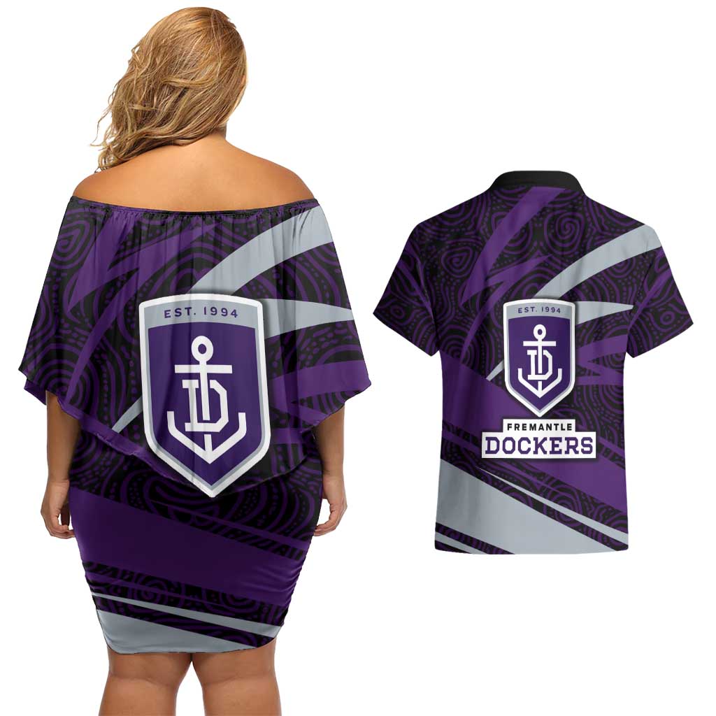 Fremantle Dockers Australian Football Couples Matching Off Shoulder Short Dress and Hawaiian Shirt Athletic Hero Mascot With Indigenous Pattern Art