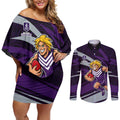Fremantle Dockers Australian Football Couples Matching Off Shoulder Short Dress and Long Sleeve Button Shirt Athletic Hero Mascot With Indigenous Pattern Art