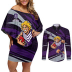 Fremantle Dockers Australian Football Couples Matching Off Shoulder Short Dress and Long Sleeve Button Shirt Athletic Hero Mascot With Indigenous Pattern Art