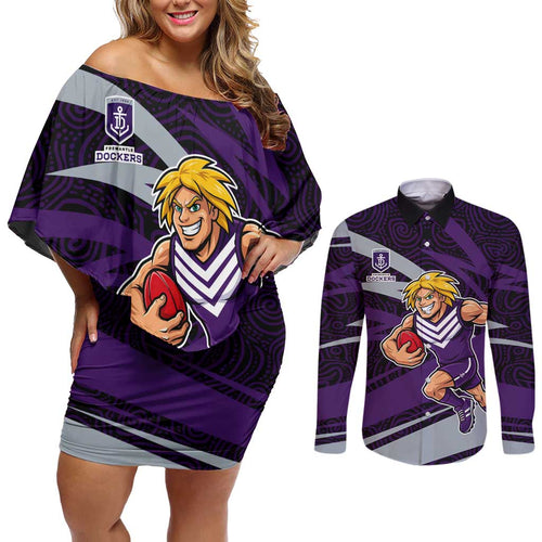 Fremantle Dockers Australian Football Couples Matching Off Shoulder Short Dress and Long Sleeve Button Shirt Athletic Hero Mascot With Indigenous Pattern Art