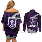 Fremantle Dockers Australian Football Couples Matching Off Shoulder Short Dress and Long Sleeve Button Shirt Athletic Hero Mascot With Indigenous Pattern Art