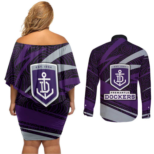 Fremantle Dockers Australian Football Couples Matching Off Shoulder Short Dress and Long Sleeve Button Shirt Athletic Hero Mascot With Indigenous Pattern Art