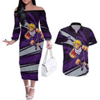 Fremantle Dockers Australian Football Couples Matching Off The Shoulder Long Sleeve Dress and Hawaiian Shirt Athletic Hero Mascot With Indigenous Pattern Art