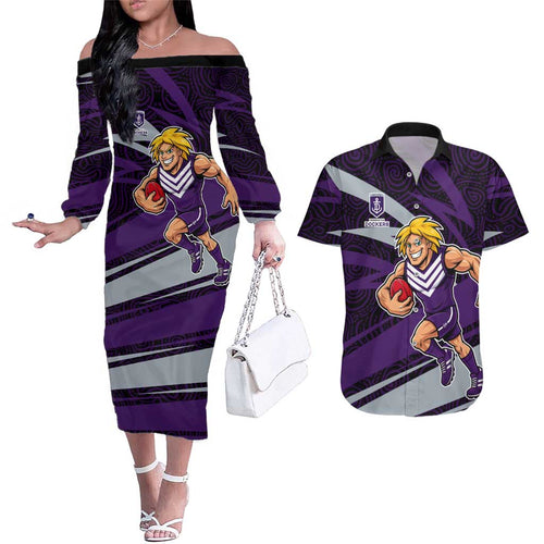 Fremantle Dockers Australian Football Couples Matching Off The Shoulder Long Sleeve Dress and Hawaiian Shirt Athletic Hero Mascot With Indigenous Pattern Art