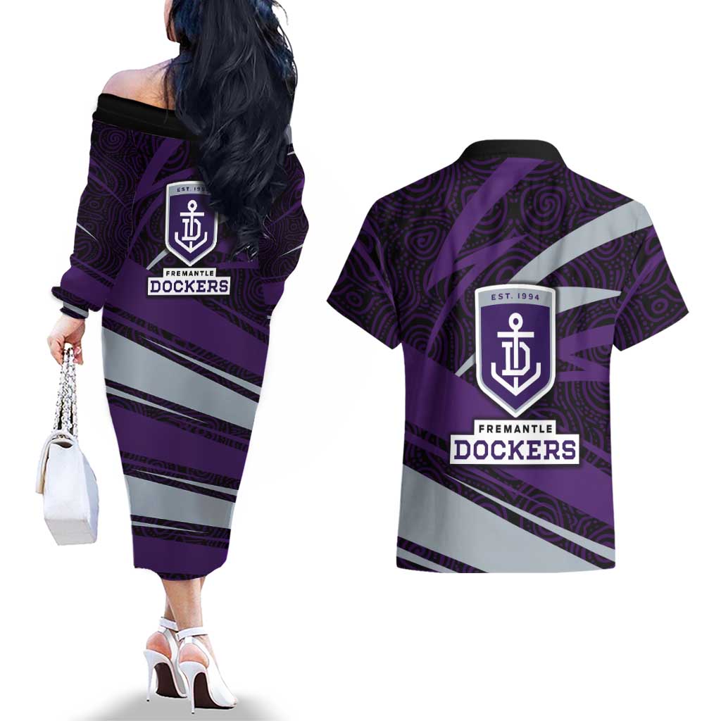 Fremantle Dockers Australian Football Couples Matching Off The Shoulder Long Sleeve Dress and Hawaiian Shirt Athletic Hero Mascot With Indigenous Pattern Art