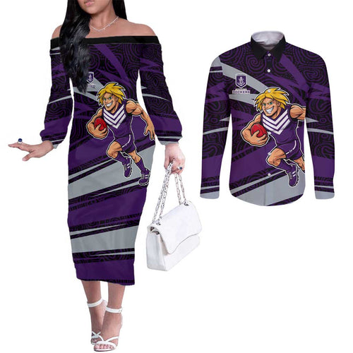 Fremantle Dockers Australian Football Couples Matching Off The Shoulder Long Sleeve Dress and Long Sleeve Button Shirt Athletic Hero Mascot With Indigenous Pattern Art