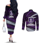 Fremantle Dockers Australian Football Couples Matching Off The Shoulder Long Sleeve Dress and Long Sleeve Button Shirt Athletic Hero Mascot With Indigenous Pattern Art