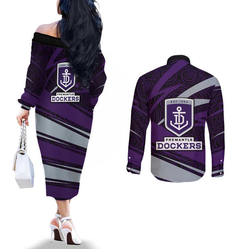 Fremantle Dockers Australian Football Couples Matching Off The Shoulder Long Sleeve Dress and Long Sleeve Button Shirt Athletic Hero Mascot With Indigenous Pattern Art