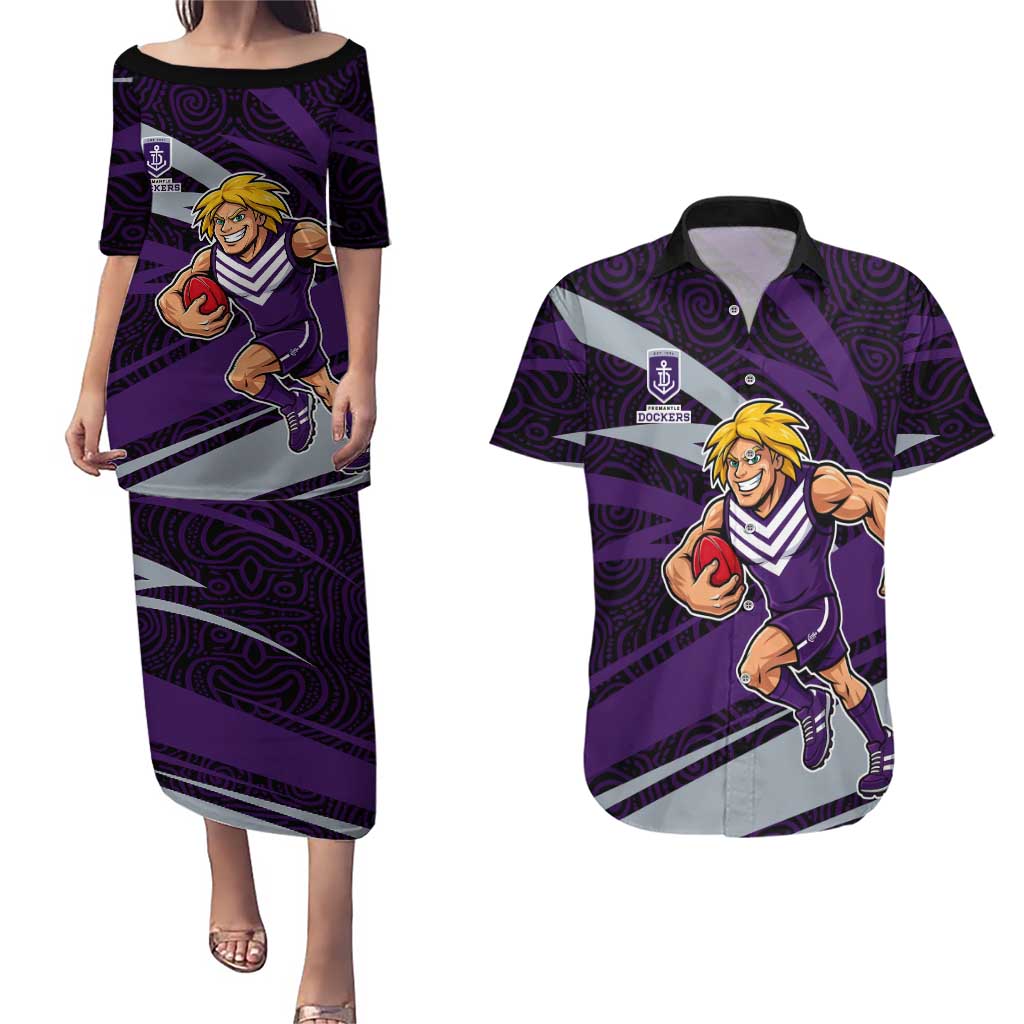Fremantle Dockers Australian Football Couples Matching Puletasi and Hawaiian Shirt Athletic Hero Mascot With Indigenous Pattern Art