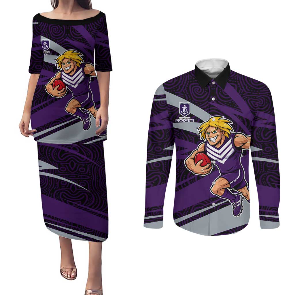 Fremantle Dockers Australian Football Couples Matching Puletasi and Long Sleeve Button Shirt Athletic Hero Mascot With Indigenous Pattern Art